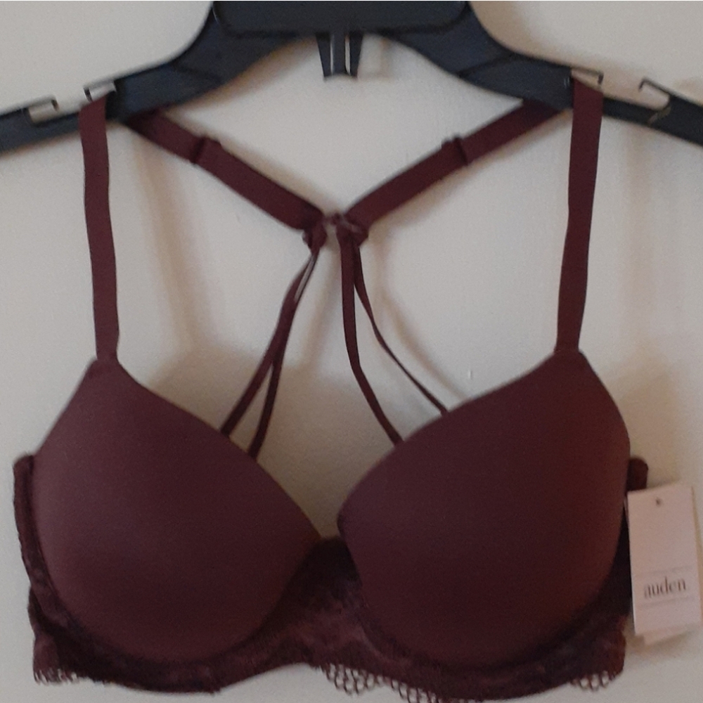 Auden Strappy Lace-Back Push-Up Bra in Burgundy